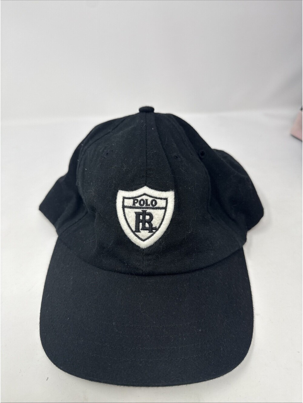 VTG Polo Ralph Lauren Shield Hat Adult Black Canvas Camp Creek Logo Strapback